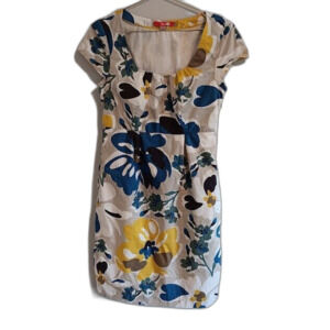 Boden Beige & Yellow Floral Short Sleeve Sheath Dress 6 R (US)